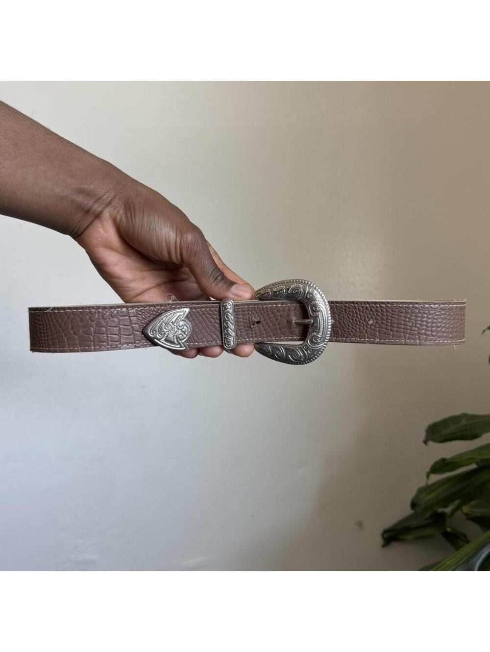 Vintage Y2K Western Faux Croc Belt Ornate Silver Buckle fits like XS
